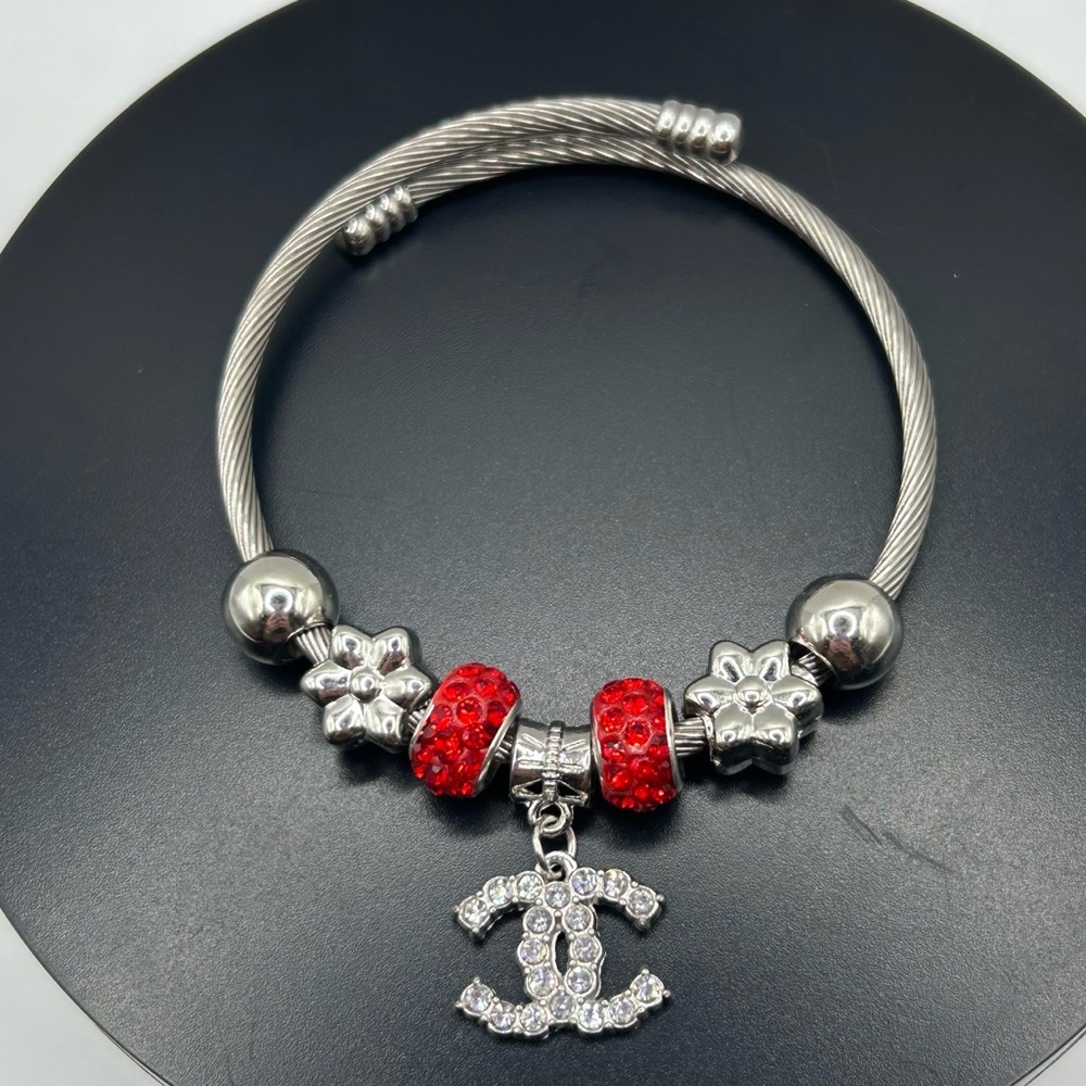 Lightweight Stainless Steel Silver and Red Charm Bracelet